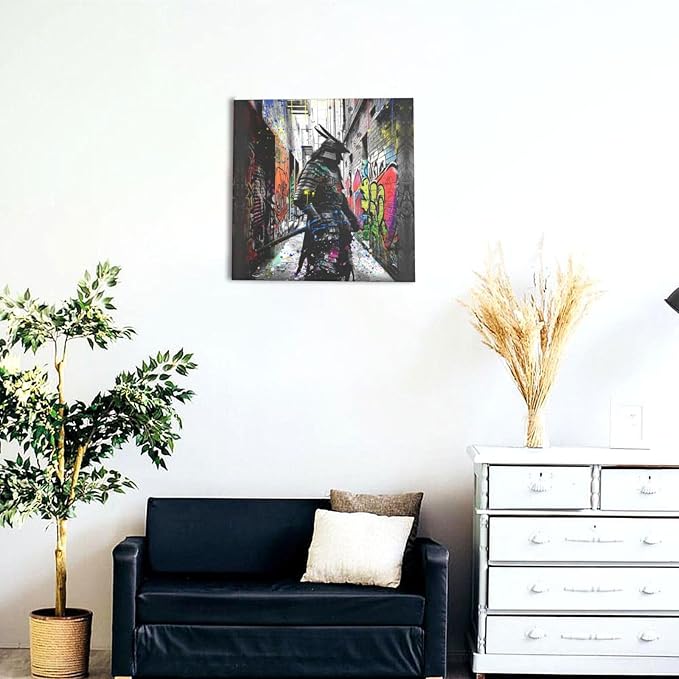 Wesluin 16"x16" Graffiti Samurai Canvas – Colorful Anime Japanese Wall Art | Urban warrior explodes from neon graffiti alley. Melding anime flair & street edge. Hook included, ready to hang.