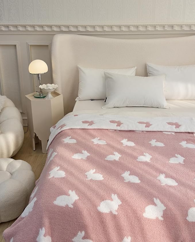 Happy Easter Rabbit Ultra-Soft Fluffy Microfiber Knitted Throw Blanket Super Cozy Lightweight Bed Blanket for Sofa Couch Bed Travel Pink 50"x60"