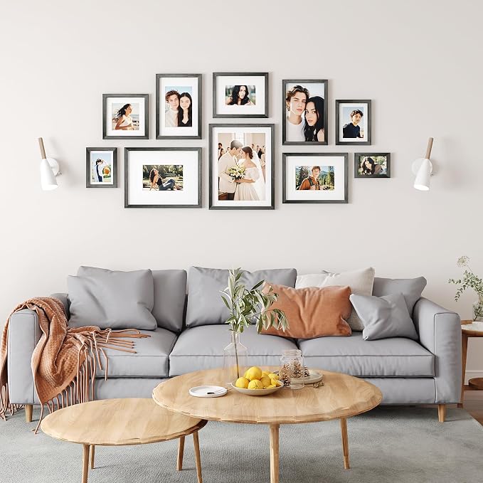 Egofine 4x6 Picture Frames Set of 4, Made of Solid Wood Covered by Plexiglass 3x4.5 and 3.5x5 with Mat or 4x6 without Mat, for Table Top Display and Wall Mounting Photo Frame, Rustic Black