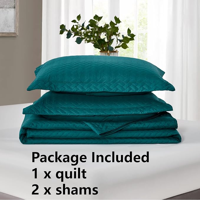 Maple&Stone Teal Quilt Set Queen Size, Lightweight Bedspread | Breathable Coverlet with Chevron Pattern, All-Season Dorm Bed Cover Set Bedding Decor 3 Piece