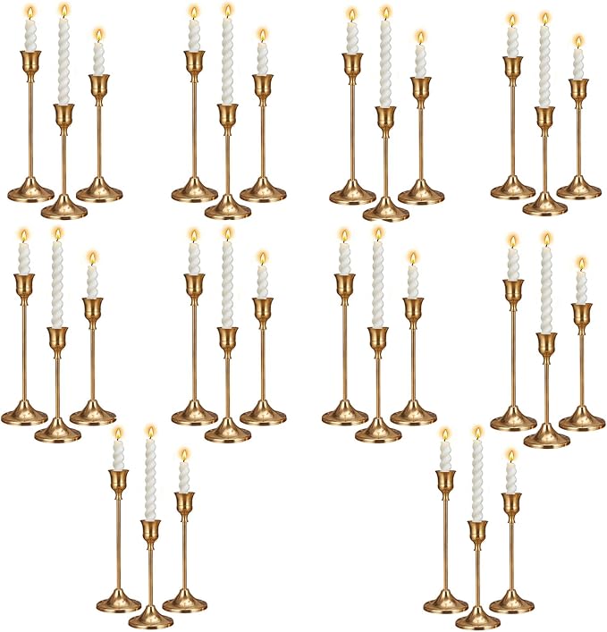 10 Sets Candle Holder Brass Gold Candlestick Holders -Vintage Modern Metal Taper Candle Holders, Decorative Centerpiece for Table Mantel, Wedding Kitchen Home Decor, Wedding Gift,30Pcs