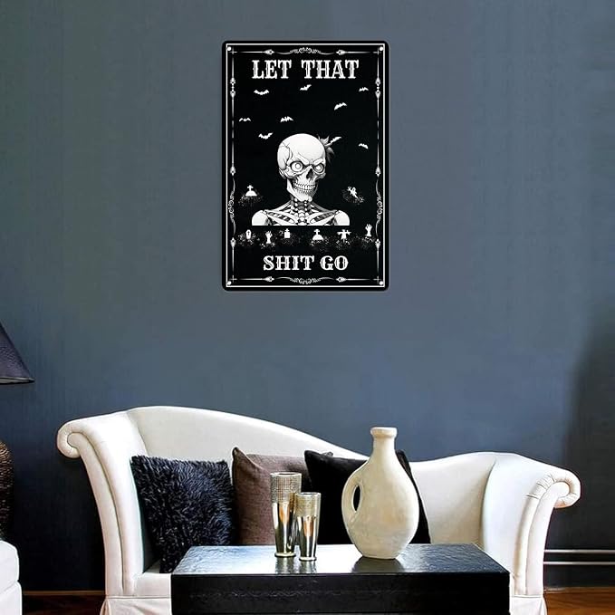 Skull Poster - Funny Bathroom Sign Wall Decor - Halloween Skull Decor - Let That Shitgo - Quote Wall Art for Bathroom Decor - 8x12 inches Hanging Tin Sign