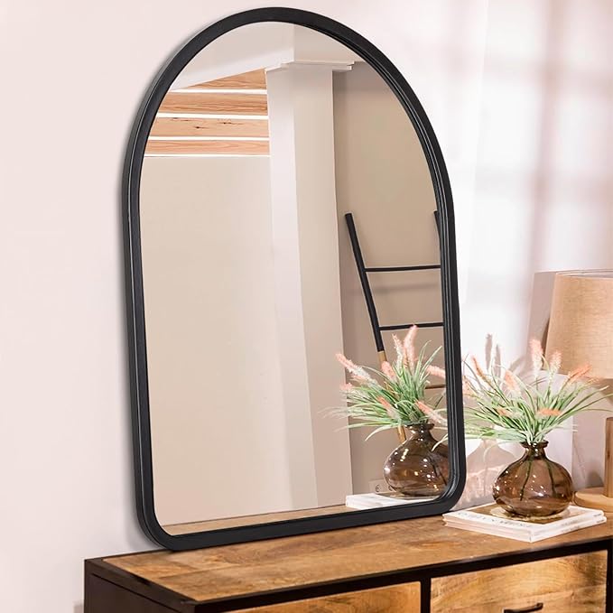 Black Large Mirrors for Wall Arched Vintage Wood Framed Wall Hanging Mirror Decorative Farmhouse Bedroom Living Room Bathroom Entryway Dressing Room 26" x 18"