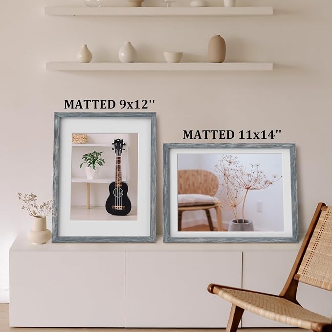 Egofine 12x16 Picture Frames Set of 4, Made of Solid Wood Covered by Plexiglass 9x12 and 11x14 with Mat or 12x16 without Mat, for Wall Mounting Photo Frame Rustic Blue