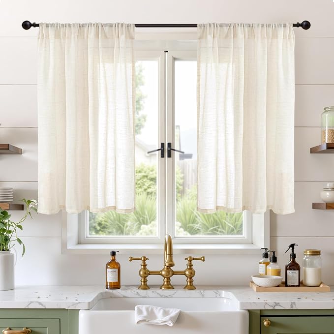 BGment Beige Linen Semi Sheer Curtains 42X40 Inch Length 2 Panels | Cream Light Filtering Drapes with Rod Pocket Textured for Bathroom Kitchen Window Over Sink