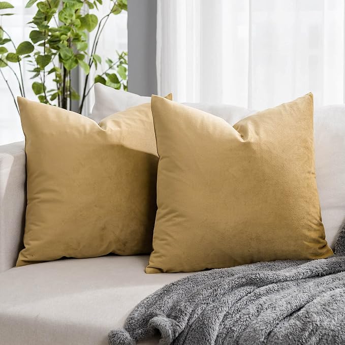 Khaki Soft Velvet Throw Pillow Covers 18x18 inch Set of 2 for Sofa Couch Bed Living Room Decorative Luxury Solid Square Cushion Covers Case with Zipper
