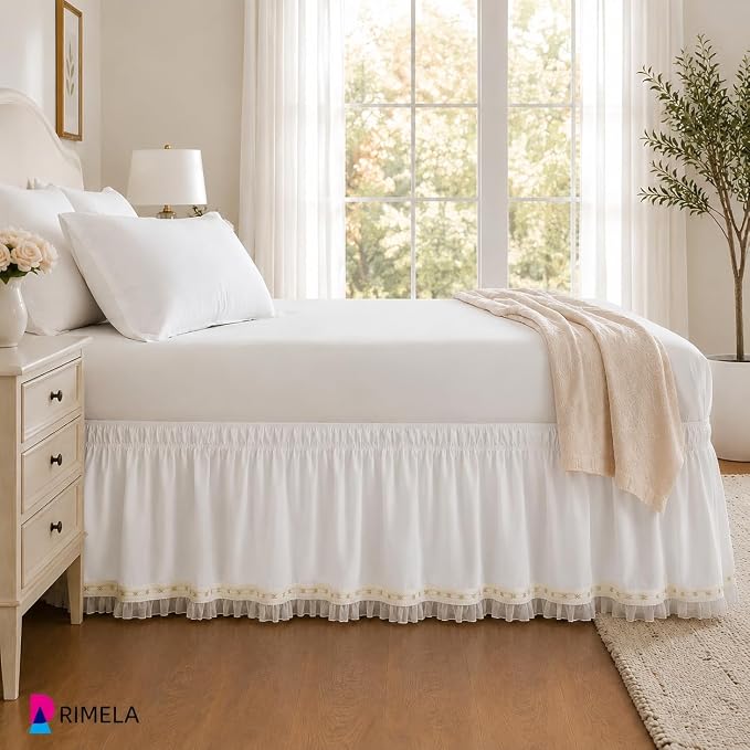 Lace Trim Bed Skirt Queen 15" Drop, Elastic Wrap Around Bedskirt | Solid Ruffled, Easy to Use, No Mattress Lifting, Wrinkle & Fade Resistant, with Adhesive Strips, Machine Wash/Dry/Iron