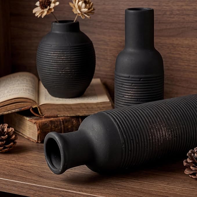 Rustic Farmhouse Vase Set of 3 - Ceramic Decorative Vintage Vases Home Decor - Pampas Grass Dried Fresh Flowers - for Centerpiece, Coffee Table, Mantel Entryway, Living Room, Bedroom (Black)
