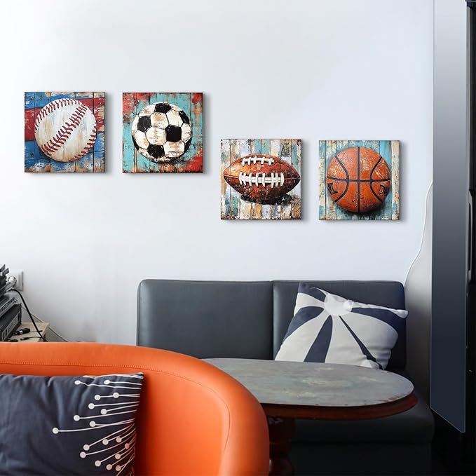 Sports Wall Decor Kids Playroom Art Soccer Basketball Football Baseball Pictures for Nursery Boys Bedroom Vintage Canvas Prints Colorful Sports Posters Balls Artwork Bathroom Home Decoration 12x12" 4P