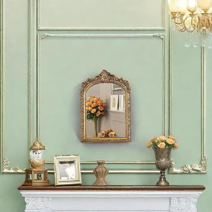 TenFuju 11” x 9.5” Small Gold Vintage Wall Mirror, Antique Gold Resin Baroque, Decorative Hanging & Tabletop