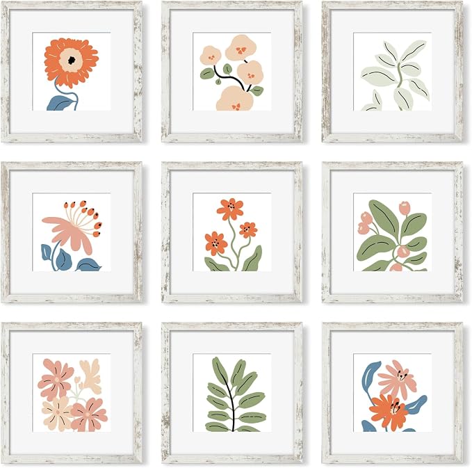 YESKAY 12x12 Picture Frame Set of 9, Photo Gallery Wall Frame Set, Display Pictures 8x8 with Mat or 12 x 12 Without Mat, Square Frame Picture Frames Collage Wall Decor, Distressed White