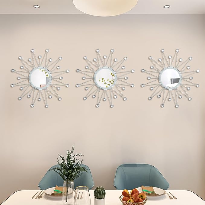 Uaussi 3 Pack Crystal Sunburst Wall Mirror Décor Rhinestone Mirrors Decorative Home Wall Art for Living Room Bedroom Entryway(Triangle Burst Silver)