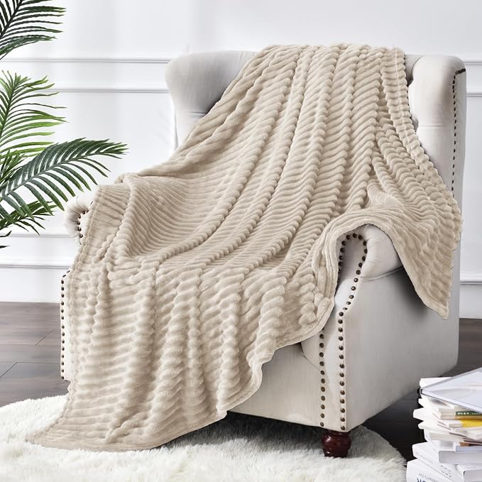 BEDELITE 3D Ribbed Jacquard Linen Fleece Twin Blanket for Bed, 60x80 Inch | Soft Warm Decorative Fluffy Blanket, Cozy Plush Lightweight Fuzzy Throw Blanket for Couch Sofa Room Decor, Gift for Women