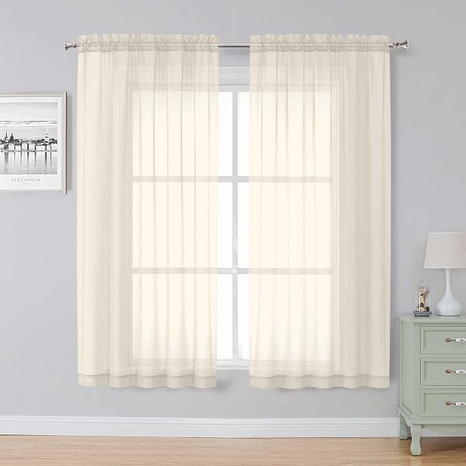 Simplebrand Cream Sheer Curtains, 63" Length, 2 Panels Set - Light Filtering, Rod Pocket Window Curtains for Bedroom (Cream, 59" W x 63" L)
