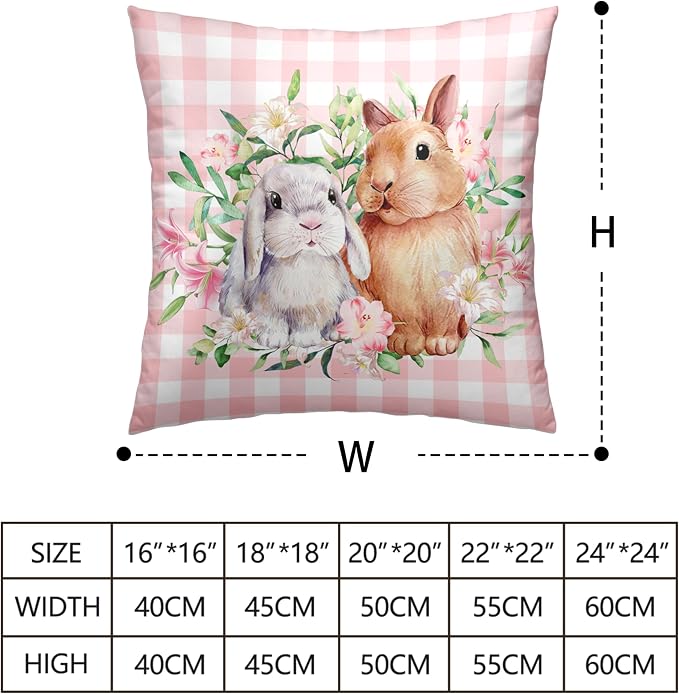 Spring Easter Pillow Covers 24x24 Pack of 2 Lovely Rabbit with Lily Flower Throw Pillow Covers Pink Plaid Bunny Pillow Case for Spring Easter Decoration Sofa Patio Garden