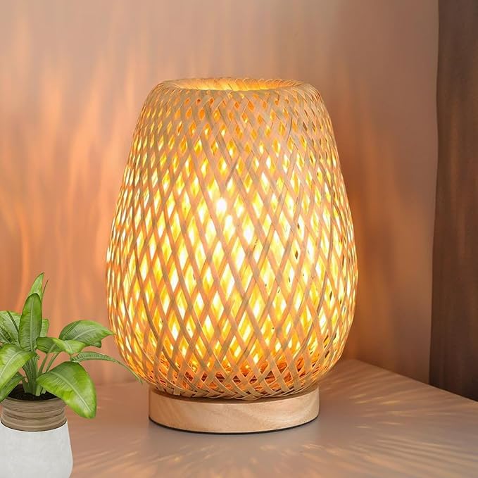 Rattan table lamp, 9.25''boho table lamp hand woven vintage willow wooden small bedside lamp, Bohemian bamboo woven nightstand desk lamp for bedrooms living rooms desks children's rooms hallway