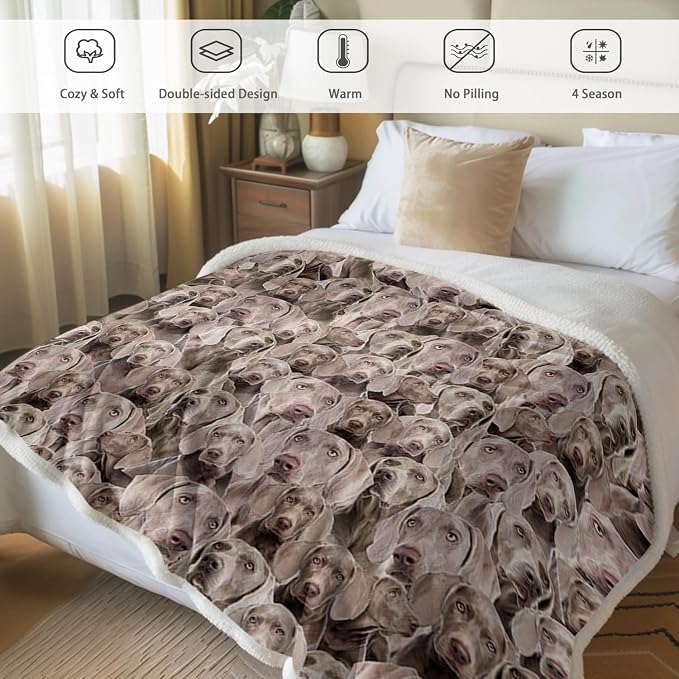 BlessLiving Fuzzy Dog Blanket for Kids Adults Puppy Lovey Fleece Blanket Reversible Animal Pattern Sherpa Throw (Weimaraner, 90 x 90 Inches)