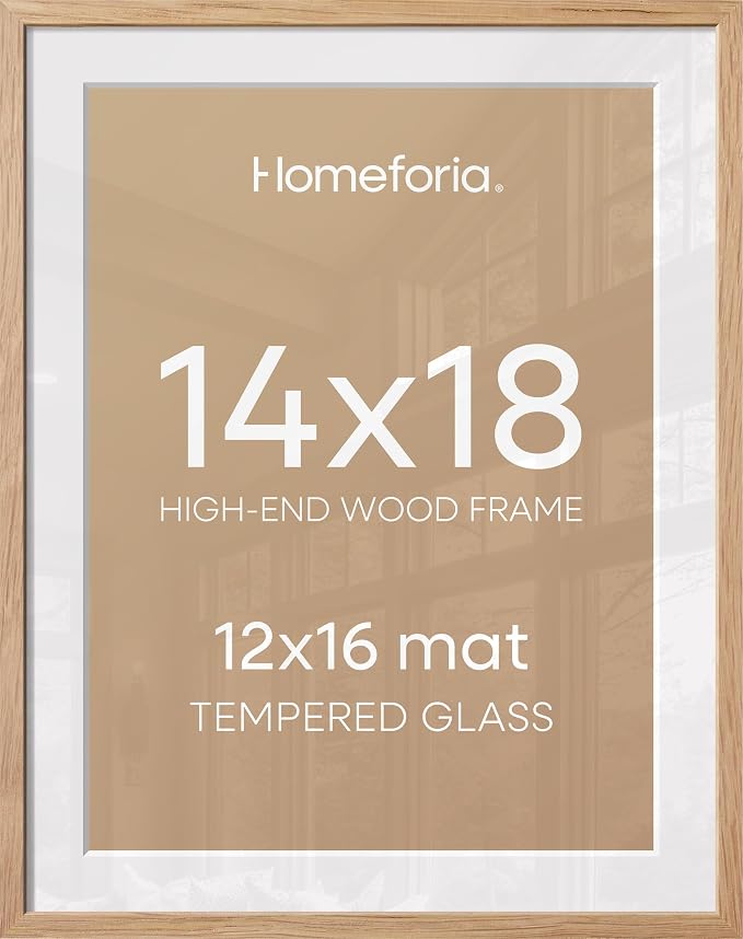 Homeforia 14x18 Natural Oak Picture Frame, High-End Wood, 12x16 Mat, Glass