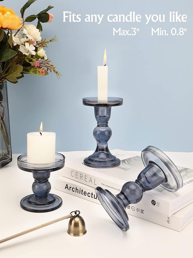 Lewondr Glass Candle Holders, Pillar Candle Holder, 3 Pcs, Smoky Blue