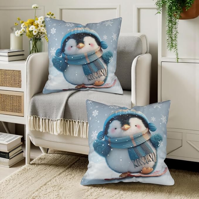 Winter Pillow Covers 16x16 Set of 2 Adorable Skiing Penguins Throw Pillow Covers Snowflakes Pillow Case Double Sided Printing Cushion Case for Home Decor Couch Sofa