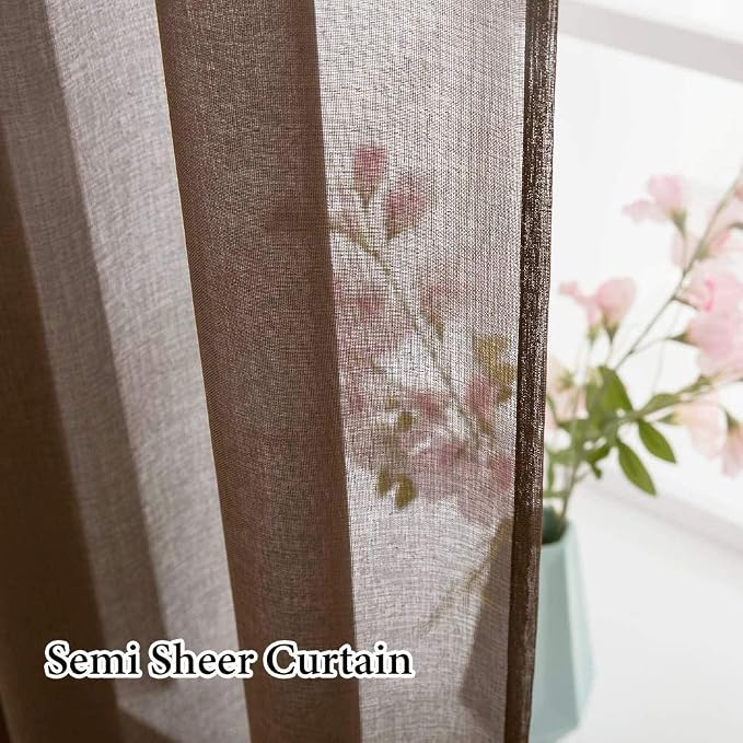 MIULEE Chocolate Brown Linen Textured Semi-Sheer Curtains 54W×96L 2 Panels | Semi Transparent, Farmhouse, Window Net Panels with Rod Pocket for Bedroom Living Room