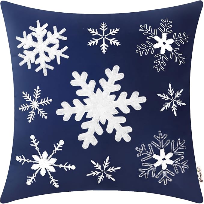 BRAWARM Christmas Pillow Cover 20 X 20 Inches, Navy Blue Snowflake Embroidered Pillow Cover, Soft Velvet Decorative Throw Pillow for Couch Bed Sofa Living Room Home