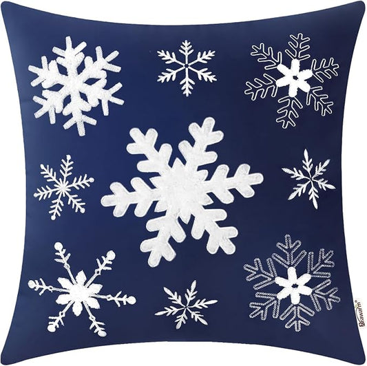 BRAWARM Christmas Pillow Cover 20 X 20 Inches, Navy Blue Snowflake Embroidered Pillow Cover, Soft Velvet Decorative Throw Pillow for Couch Bed Sofa Living Room Home
