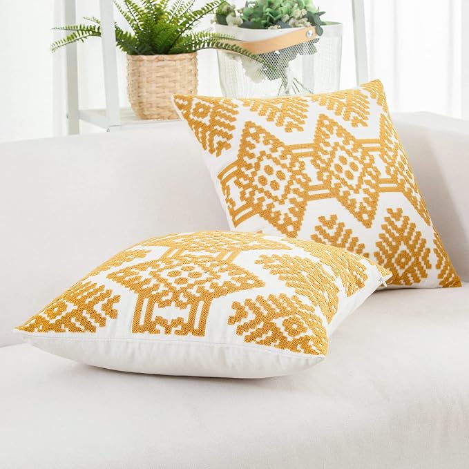 HWY 50 Mustard Yellow Decorative Throw Pillow Covers 18x18 Inch, Pack of 2 Embroidered Cotton Farmhouse Cushion Cover Pillow Case for Sofa Couch Living Room Bed Bedroon, Modern Diamond Geometric