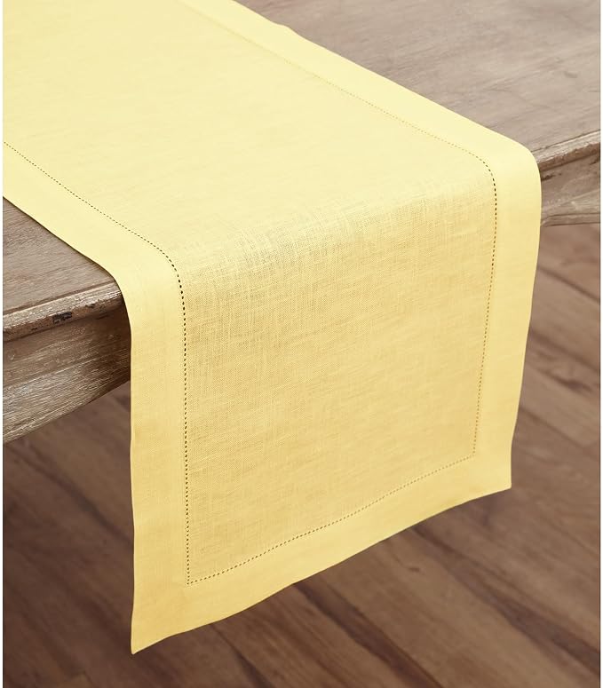 Solino Home 100% Linen Table Runner Yellow, Classic Hemstitch 14 x 60 in | a graceful centrepiece for dining and gatherings, hemstitched border, mitered corners, machine washable, OEKO-TEX Certified
