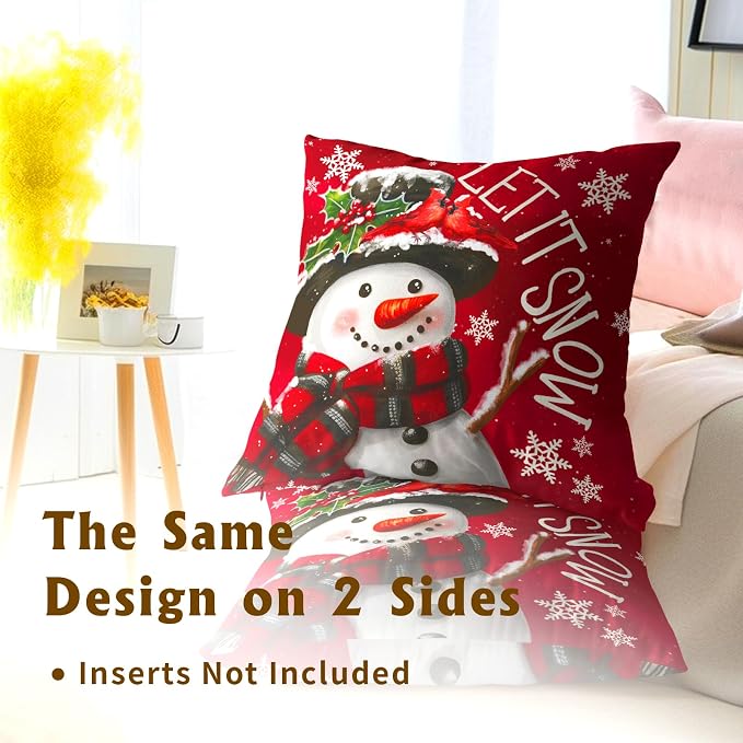 Xmas Pillow Covers 20x20 Inch 2 Packs Christma Snowman Snowflake Decorative Red Pillow Cases Winter Holiday Red Cotton Cushion Cover for Home Sofa Couch Decor