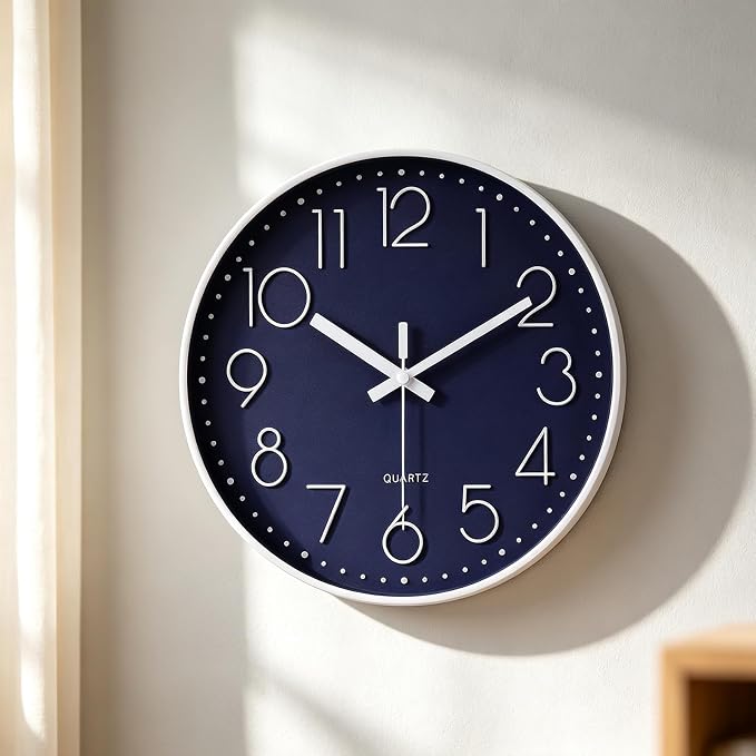 jomparis 12 Inch Silent Non-Ticking Battery Operated Quality Quartz Round Wall Clock Navy Blue Color Modern Decor Clock for Home Office Bedroom Classroom