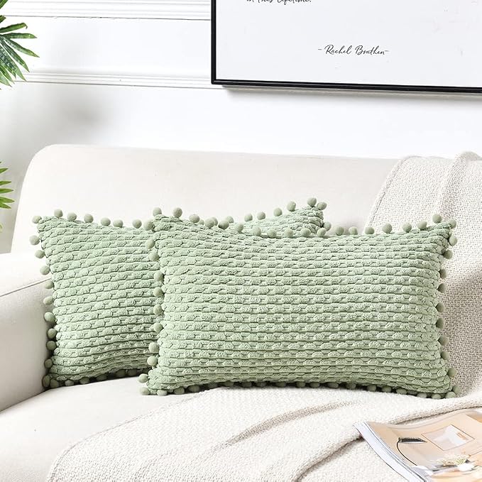 Fancy Homi Set of 2 Sage Green Lumbar Decorative Throw Pillow Covers 12x20 Inch with Pom-poms for Couch Bed Sofa, Modern Farmhouse Boho Home Decor, Soft Plush Corduroy Rectangle Cushion Case 30x50 cm