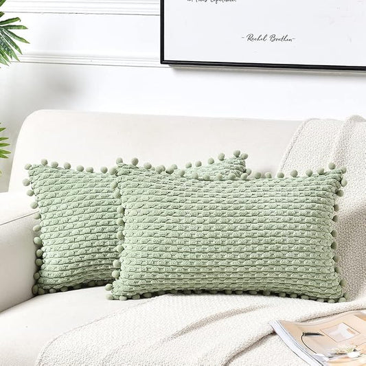 Fancy Homi Set of 2 Sage Green Lumbar Decorative Throw Pillow Covers 12x20 Inch with Pom-poms for Couch Bed Sofa, Modern Farmhouse Boho Home Decor, Soft Plush Corduroy Rectangle Cushion Case 30x50 cm