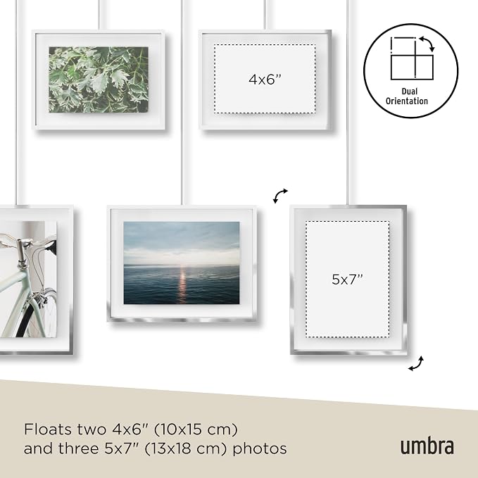 Umbra Exhibit Picture Frame Set, Adjustable Wall Mount, Set of 5, Chrome | Steel construction, customizable layout, damage-free hanging, fits 4x6 and 5x7 photos, includes mounting hardware