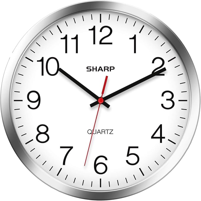 Sharp 10-Inch Battery Wall Clock, Silent Non-Ticking, Easy-Read, Silver | Battery operated; Sweep movement; Large round face; Quartz accuracy; Home, kitchen, office or classroom