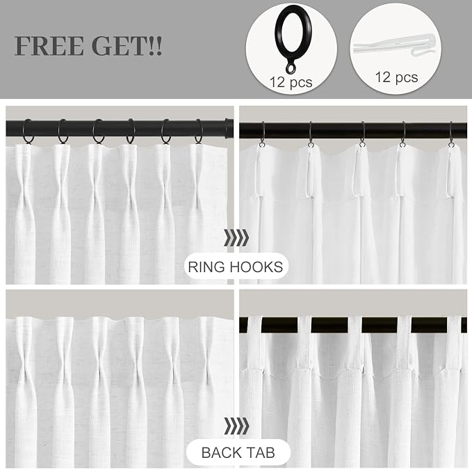 Pleated Linen Curtains Light Filtering Semi Sheer Drapes for Living Room | Semi Sheer, Farmhouse, Linen Blend, Pinch Pleat, Hooks Rings, Large Window Drapes, Thick, W70xL96, 1 Panel, Snow White