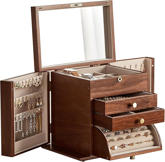 CHOSIN Black Walnut Wooden Jewelry Box for Women with Lock, Mirror, 4 Layer | Locking wity Key, 2 Drawers, Rotating Ring Holder, 2 Side Doors, Large Capacity for Necklaces, Earrings, Rings, Women Gifts