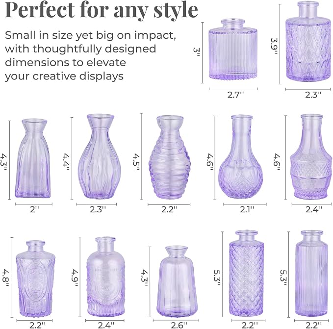 BEAHOT Bud Vase in Bulk - Flower Vases for Wedding Decorations, Glass Vase for Table Decorations, Small Vase for Home, Mother's Day, Centerpieces, Party, Office (12pack,Purple)
