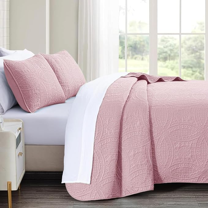 akkialla Twin Quilt Set,Pink Lightweight Bedspread with Coin Pattern, Soft Microfiber Coverlet for All Seasons, Elegant Modern Home Style (1 Quilt, 1 Pillow Sham)