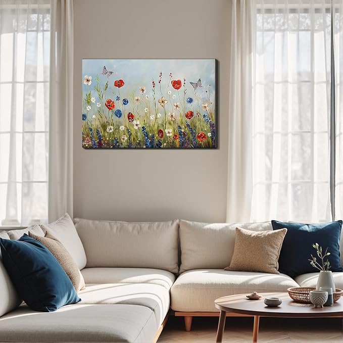 Framed American Flag Butterfly Wildflower Wall Art, Patriotic Floral Canvas Art Pictures, USA Flag Wall Decor, Made in USA Ready to Hang for Living Room Bedroom