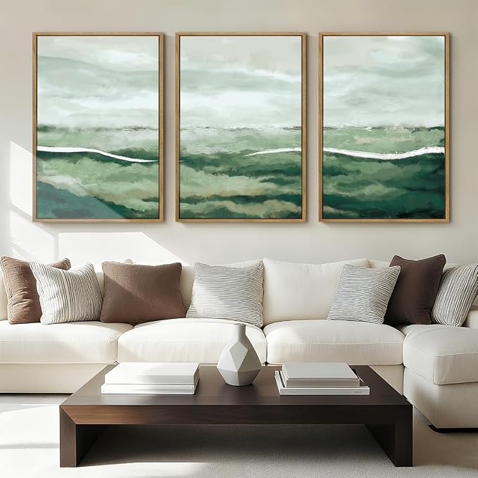 ANHUIB Large Green Abstract Framed Wall Art Set of 3 Sage Green Landscape Canvas Wall Decor 16x24 InchBeige Neutral Watercolor Lake Textured Illustrations Painting for Living Room Bedroom Dining Room