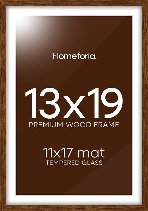 Homeforia 13x19 Brown Oak Picture Frame, High-End Wood, 11x17 Mat, Glass