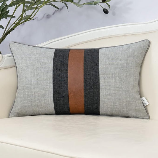 Yangest Patchwork Pillow Cover 12x20 Inch Luxury Cotton and Linen Cushion Cover Faux Leather Pillowcover for Couch Bedroom Living Room, Gray