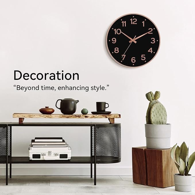 Roymnie 12 Inch Wall Clock Battery Operated Silent Non Ticking Analog | Black Rose Gold modern analog; large 3D easy-read dial for kitchen, office, bathroom & bedroom; 1 AA battery (not included)