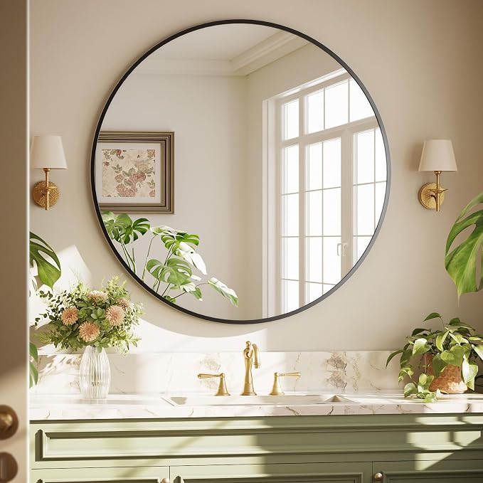XRAMFY 42 Inch Round Black Metal Wall Mirror, Circle Mirror for Entryway | Stylish Circle Mirror for Bathroom, and Living Room Decor Matte Black Circle Wall Mirror