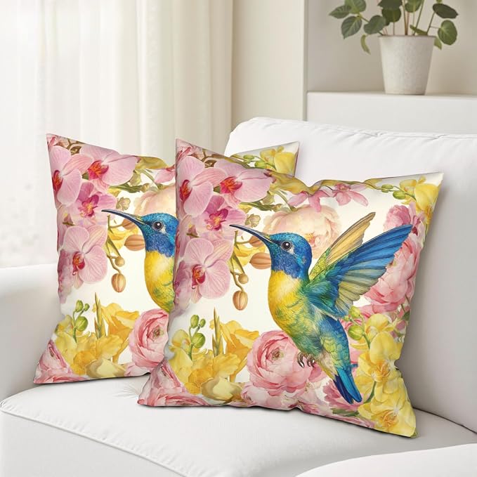 Spring Pillow Covers 18x18 Set of 2 Hummingbird Throw Pillow Covers Pink Yellow Moth Orchid Buttercup Floral Pillow Case for Home Decor Couch Sofa