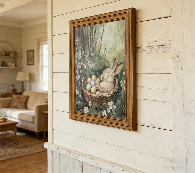 Rienkhu Vintage Easter Rabbit Canvas Wall Art Print Coloured Eggs and Bunny Painting Picture Farmhouse Home Wall Decor for Bedroom Room Living Home Decoration 9x11in