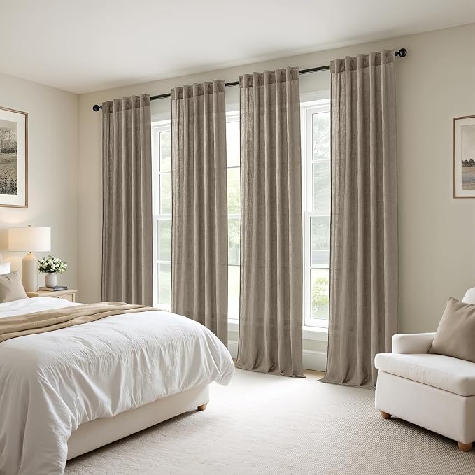 MIULEE Dark Taupe Back Tab Linen Curtains 4 Panels 42W x 96L | Linen material, light filtering, rod pocket back tab hanging, farmhouse decor for living room bedroom