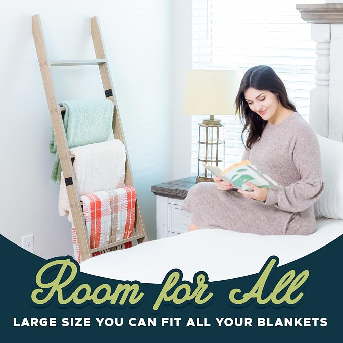 Blanket Ladder for the Living Room and Bedroom, Quilt Rack, Smokey Oak | 5ft 8 inch, 6-Tier Wall Leaning Blanket Holder, Laminate Snag Free, Rustic Decorative Farmhouse Ladder Shelf for Blankets