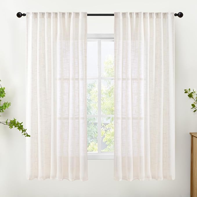 YoungsTex Natural Linen Semi Sheer Curtains 63 Inch Length 2 Panels - Light Filtering Drapes with Rod Pocket Back Tab Semi Sheer Rustic for Living Room Bedroom Window, 42 X 63 Inch